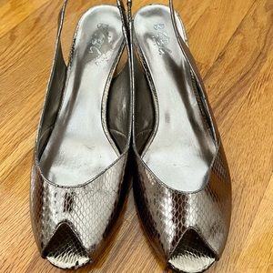 BCBG Paris gunmetal grey sling-back kitten heels